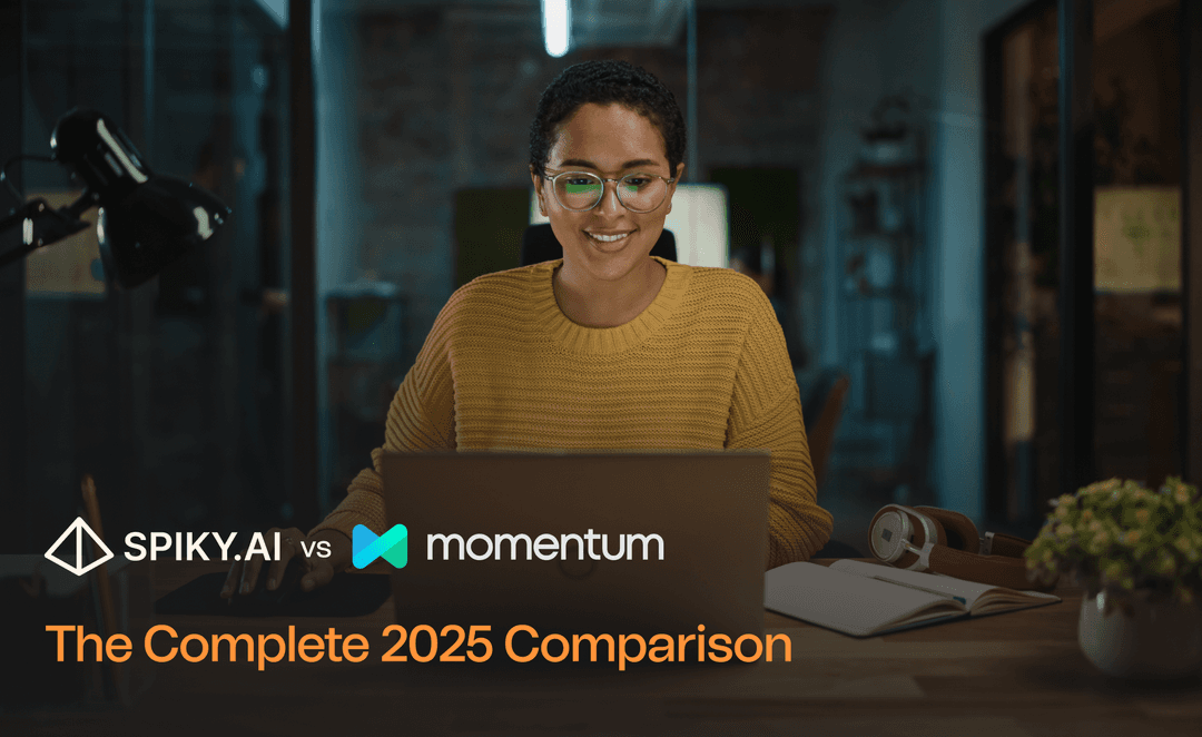 Smiling professional using a laptop with Spiky.ai vs Momentum 2025 comparison banner text overlay.