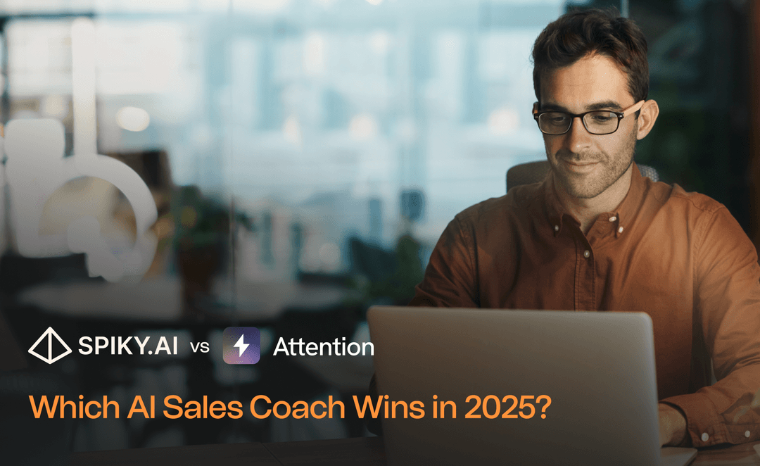 Business professional using laptop with Spiky.ai vs Attention comparison graphic and headline 'Which AI Sales Coach Wins in 2025?'