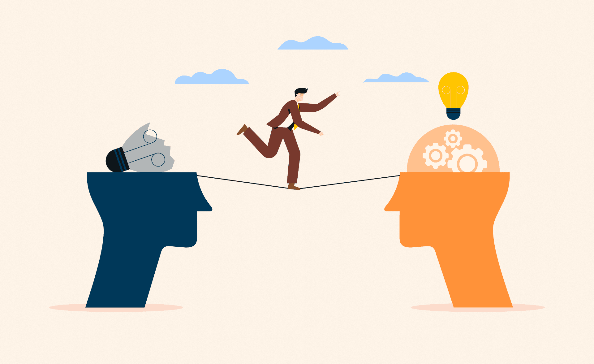Business concept illustration of innovation and problem-solving: a person crossing from failed ideas to new solutions.