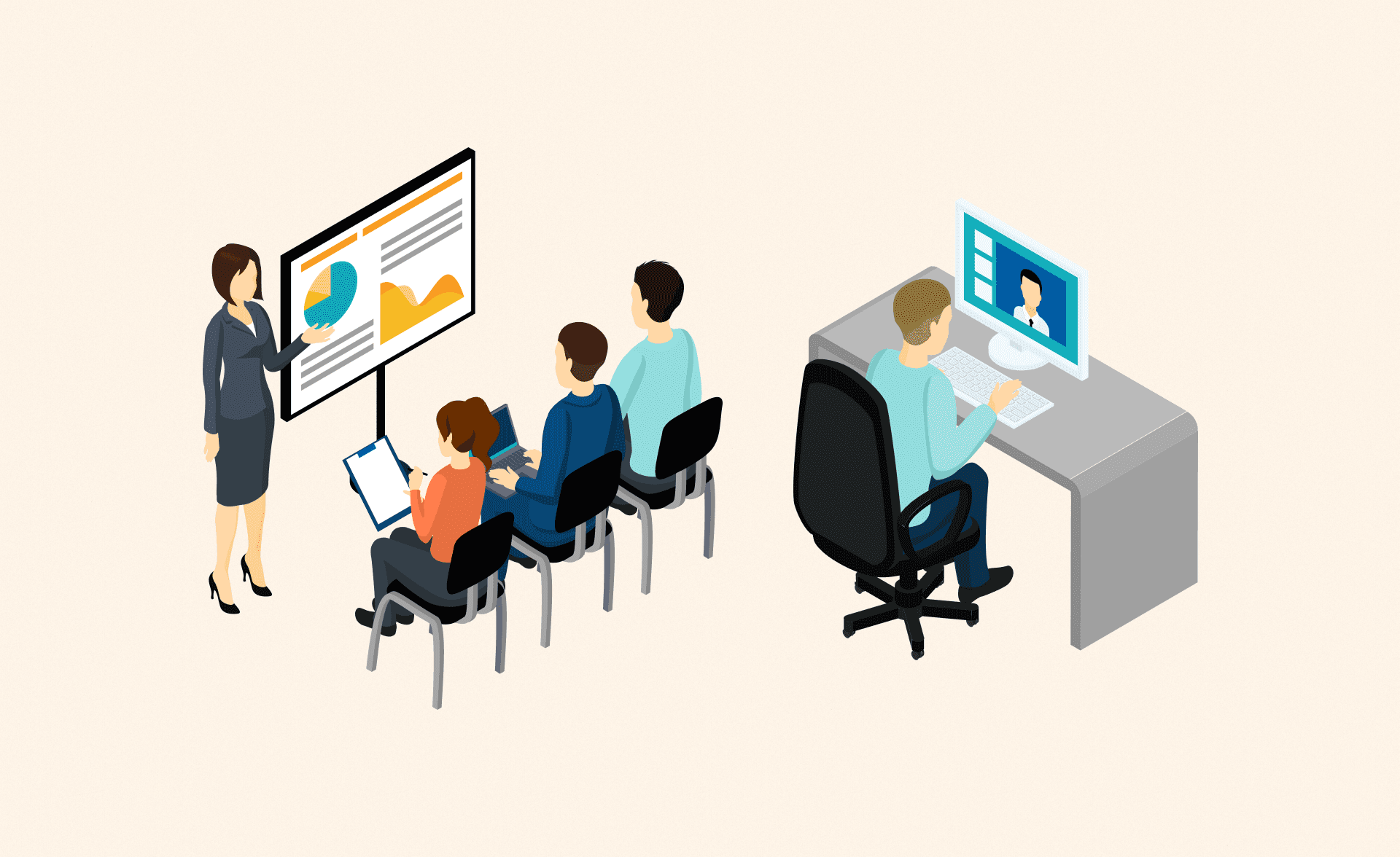 Bir eğitmen, grafik ve veriler içeren bir sunum yaparken üç katılımcı not alıyor; yanında bir çalışan çevrim içi koçluk oturumu yapıyor.