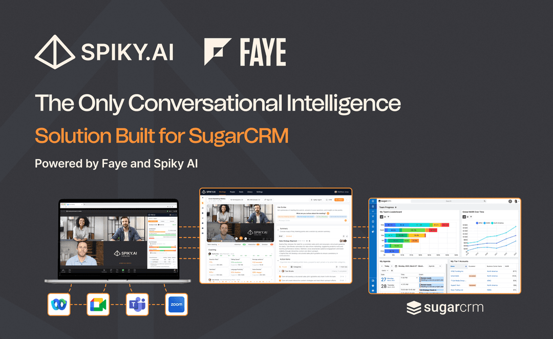 Spiky.ai and SugarCRM integration overview showing real-time AI meeting insights syncing from Zoom, Microsoft Teams, and Google Meet directly into Sugar with automated notes, fields, and coaching signals.