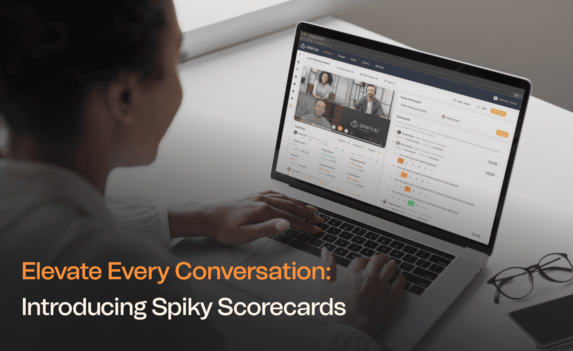 Real-time sales coaching and call scoring are shown in the Spiky.ai Scorecards interface.