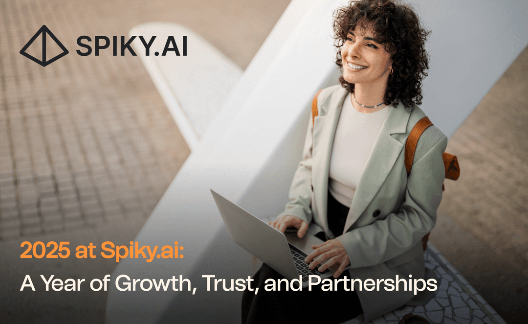 A professional working on a laptop next to the Spiky.ai logo, representing growth, trust, and partnerships at Spiky.ai in 2025