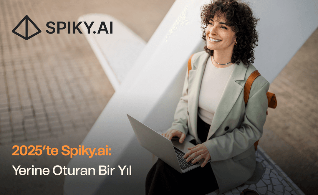 Spiky.ai logosu eşliğinde, dizüstü bilgisayarıyla çalışan bir profesyonel; Spiky.ai’de 2025 yılında büyüme, güven ve iş birliklerini simgeleyen görsel