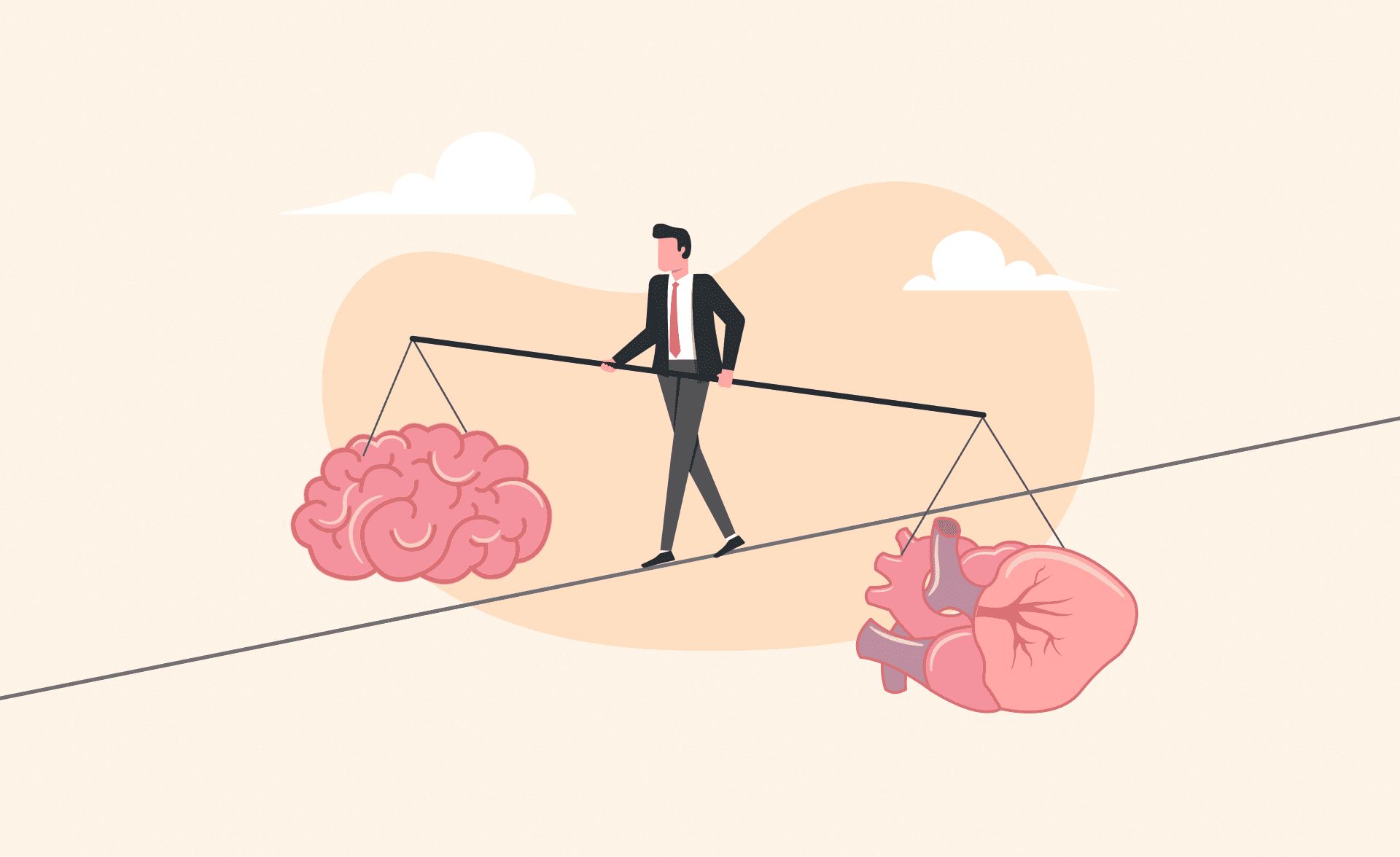 Illustration of a business professional balancing a brain and a heart, symbolizing the balance between logic and emotional intelligence in sales