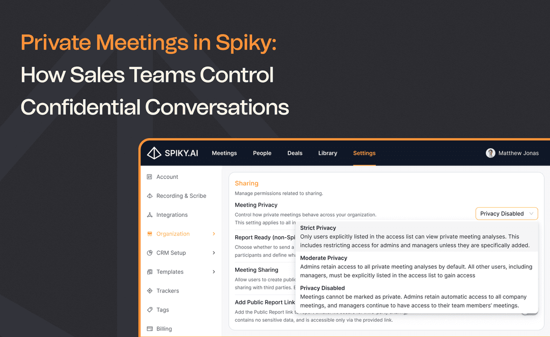 Spiky.ai private meetings dashboard showing how sales teams manage confidential meeting privacy, access permissions, and organization-wide security settings.