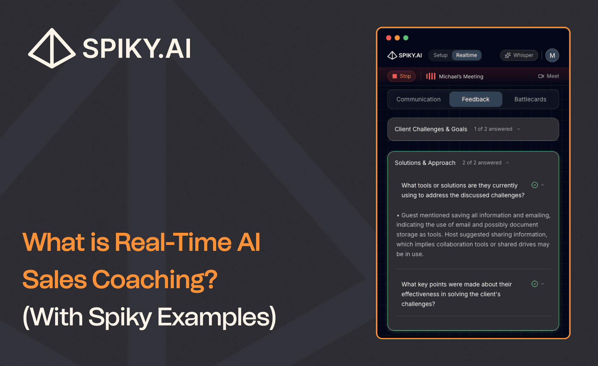 Real-time AI sales coaching prompt showing objection handling guidance during a live sales call in Spiky