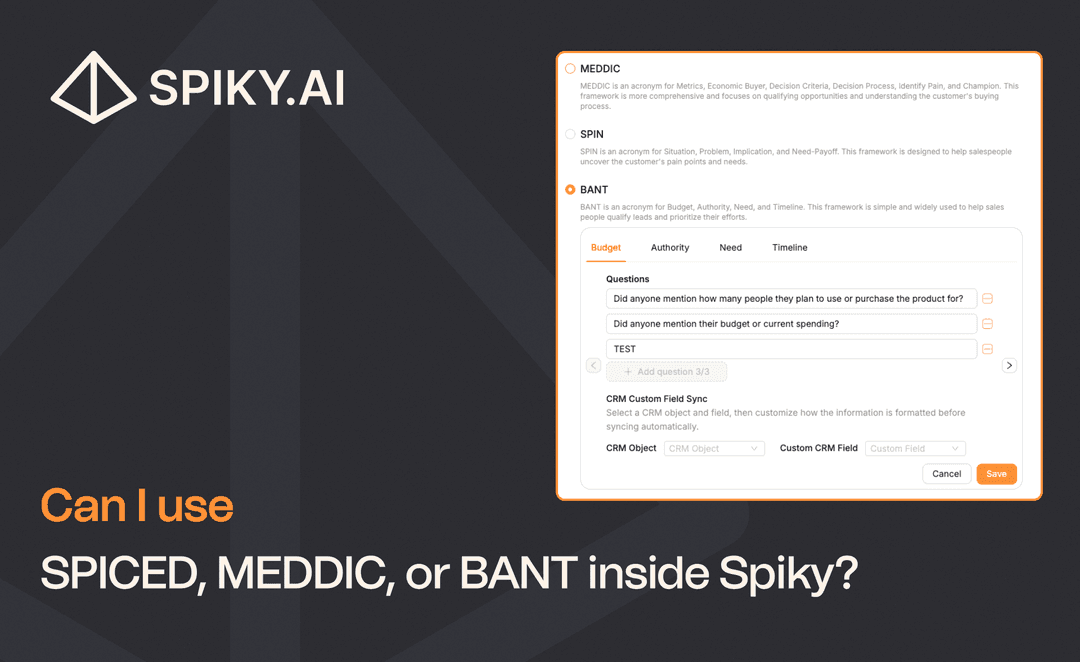 Spiky interface showing BANT, MEDDIC, and SPIN sales methodology configuration with CRM field sync settings