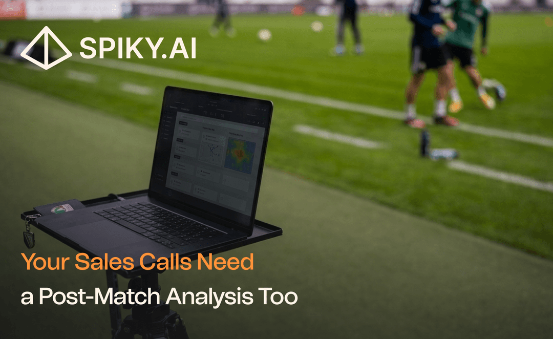 Football pitch with laptop analysis screen and Spiky AI branding for a blog about sales call analysis, meeting intelligence, and real-time coaching.