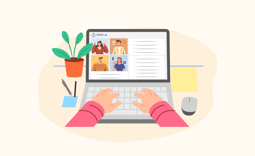 A person efficiently types on a laptop, utilizing Spiky’s calendar integration, feedback customization, and sales pipeline tools.