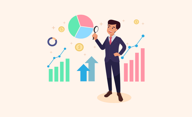 A businessman uses a magnifying glass to analyze graphs in an image promoting Spiky which monitors sales team performance and collaboration.