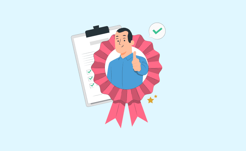 A cartoon man confidently holds a clipboard and check mark, symbolizing successful online customer meetings and enhanced relationships.