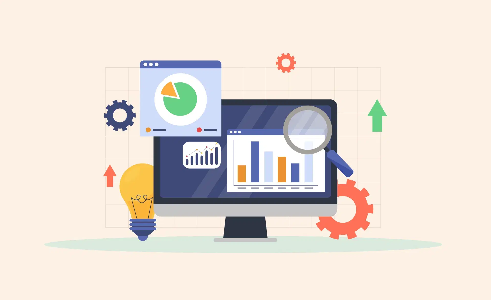 Illustration of predictive analytics showing charts, graphs, and magnifying glass over data on a computer screen, symbolizing data-driven forecasting and business decision-making.