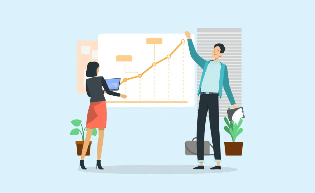 Illustration of two professionals analyzing a growth chart, showcasing progress and success in sales performance management strategies.