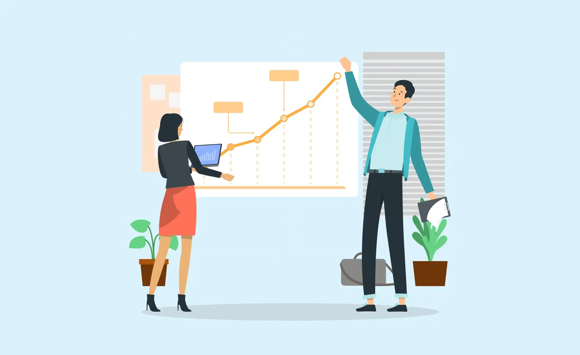 Illustration of two professionals analyzing a growth chart, showcasing progress and success in sales performance management strategies.