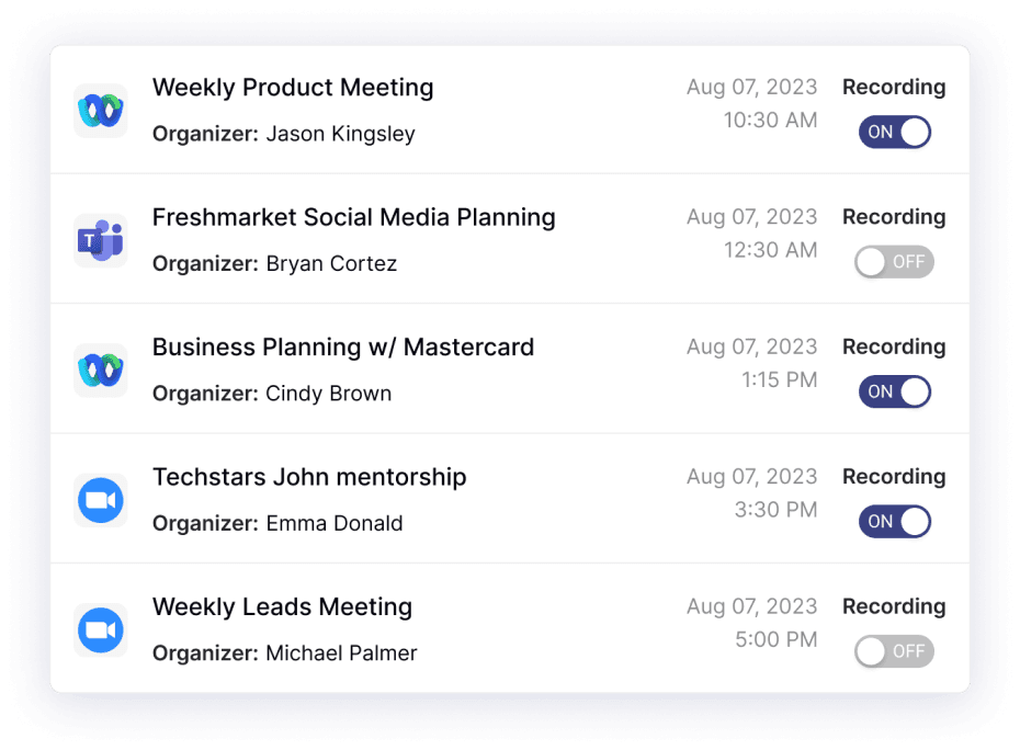 See different meeting types on the dashboard. Adjust recording settings for each meeting with Spiky Scribe bot's individual control