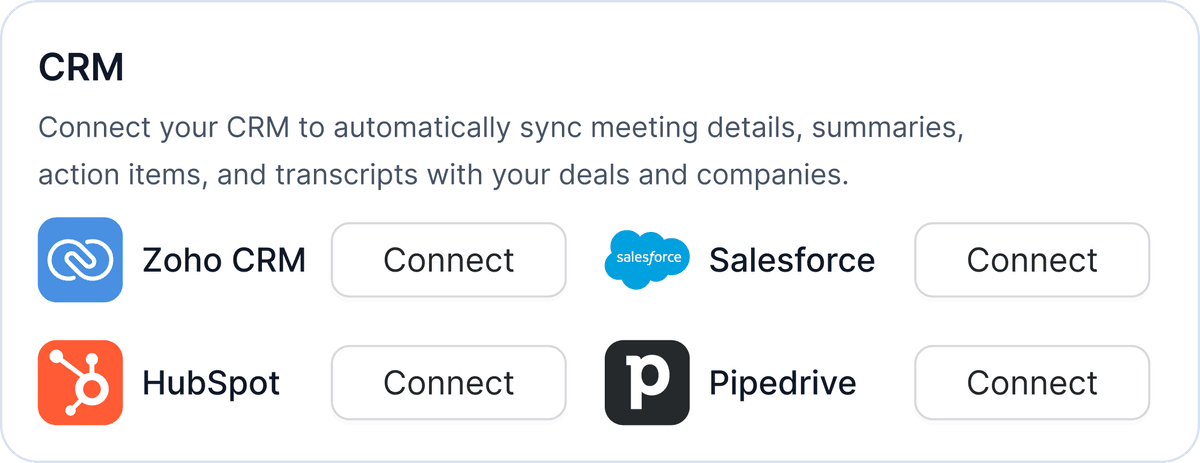 CRM integration options including Zoho CRM, Salesforce, HubSpot, and Pipedrive