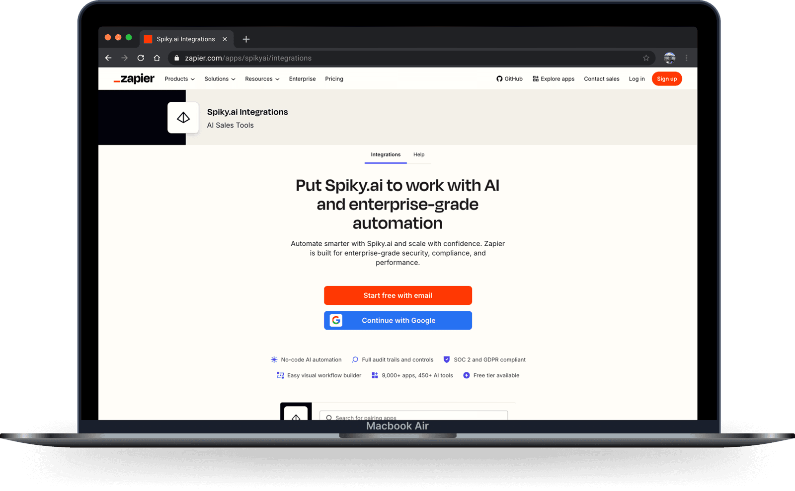 Spiky.ai integration listing shown on the Zapier app directory