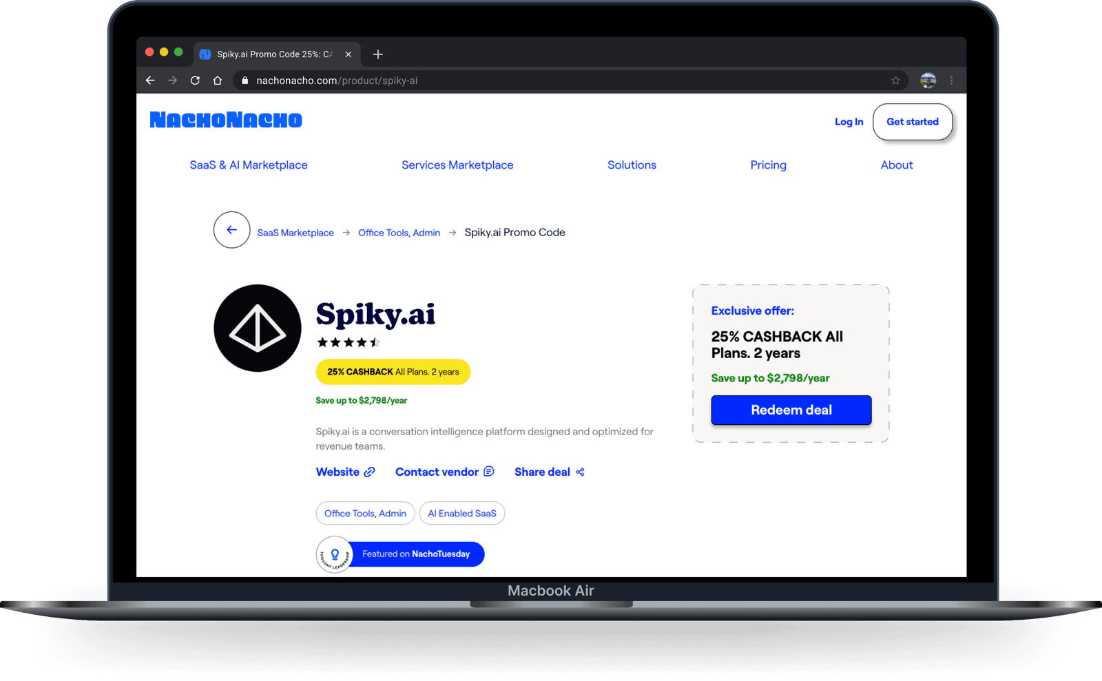 Spiky.ai-Eintrag im NachoNacho-Marktplatz mit dem 25-%-Cashback-Angebot für alle Pläne.