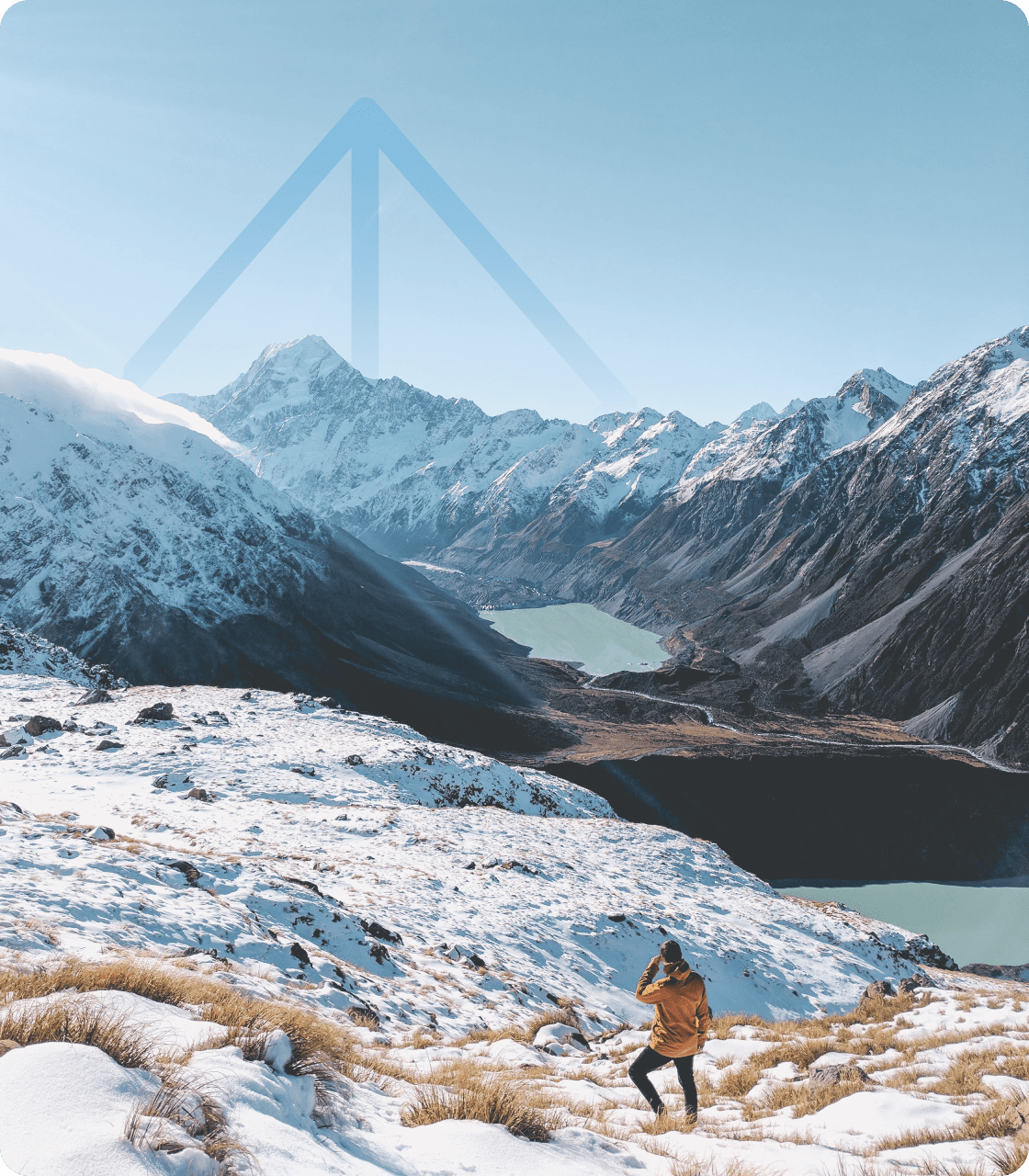A person hiking in snowy terrain near a mountain. Experience the power of AI for investment success and founder relations.