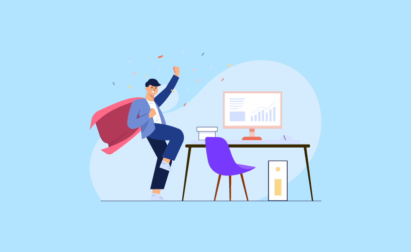 Confetti celebration with a businessman in a cape at his desk. Achieve success with determination, focus, support, and risk-taking.