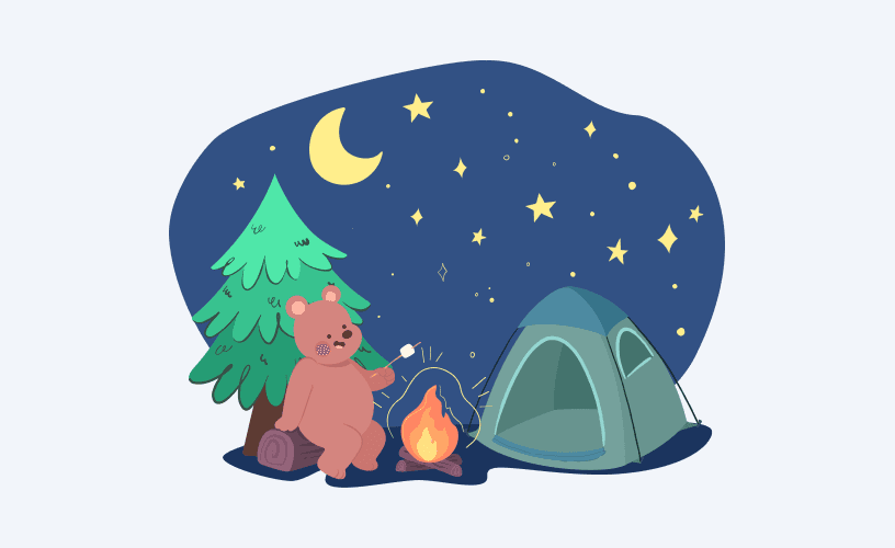 A bear sits near a tent and campfire. Discover parallels between camping and sales in this intriguing read.