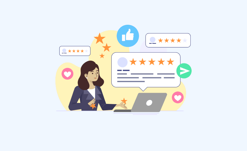A woman at a desk with a laptop and a star rating. Customer Success mindset: understand, learn, and communicate effectively.