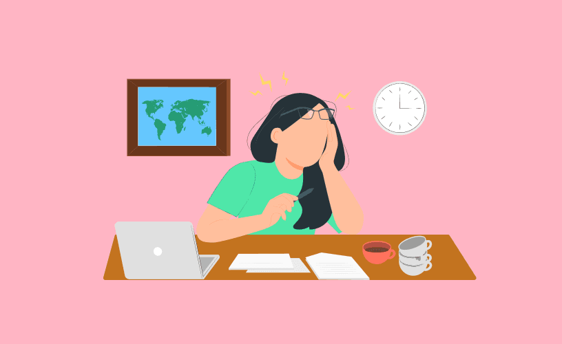 A focused woman sits at a desk with a laptop and clock to learn anxiety-busting methods for sales meetings, concentrating on the conversion.