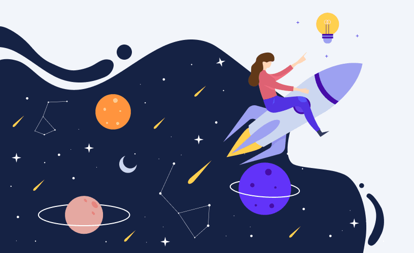 Illustration symbolizing diversity in sales as unique planets and partnerships forming constellations, depicting the cosmic parallels.