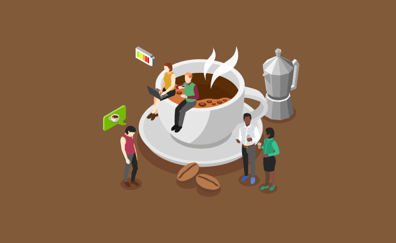 Image of people gathered around a coffee cup and machine to learn to navigate chaos, celebrate closures, and embrace the journey to success.
