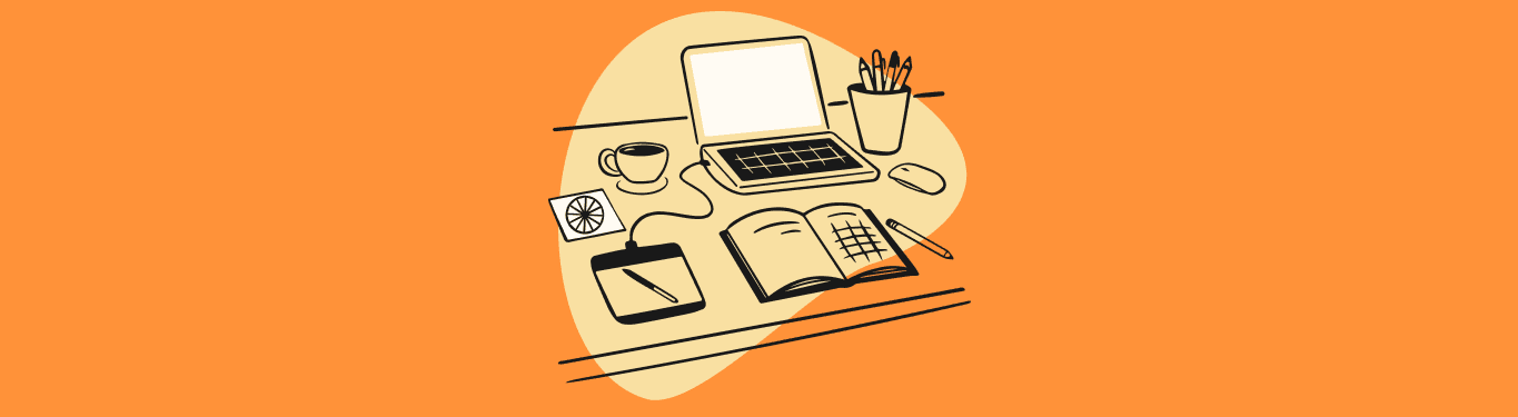 Corporate workspace with laptop, phone, and other items on orange background. Ideal for remote working and corporate training.